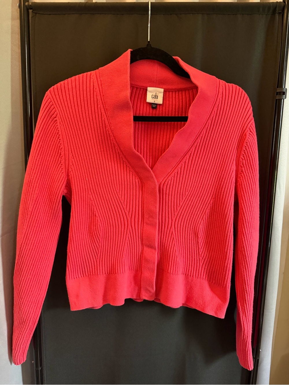 CAbi Coral-Pink Ribbed Shawl Collar Cardigan